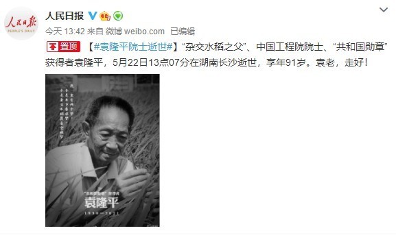 痛心！杂交水稻之父袁隆平院士抢救无效逝世 享年91岁